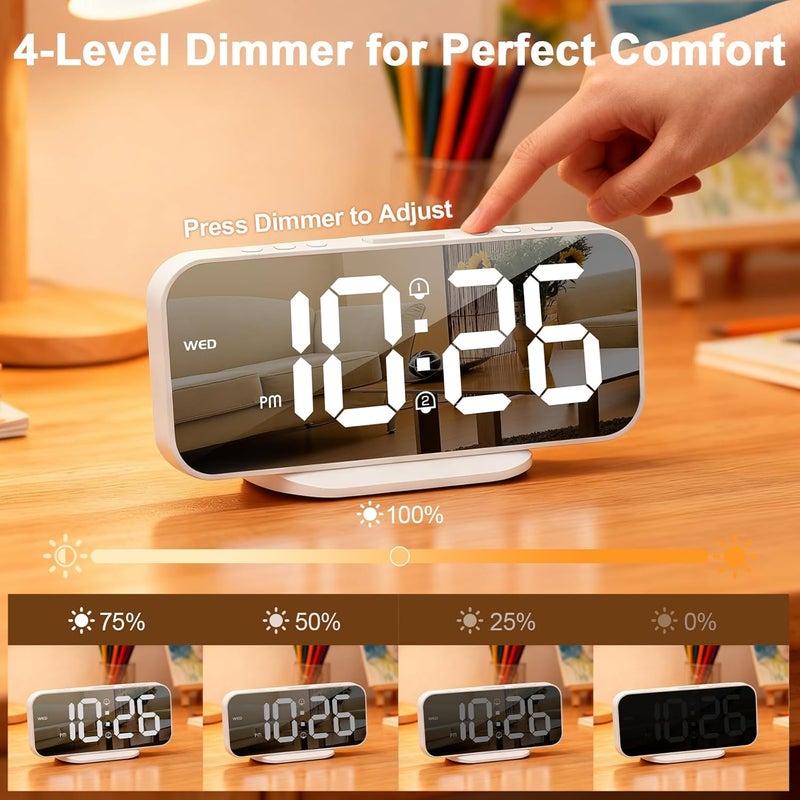 ALANAS Digital Alarm Clock for Bedrooms, Dual Alarms with Snooze, Big LED Mirror Display, 4-Level Dimmer & 2 USB Ports, Plug in Clocks, Aesthetic Modern Desk Clock for Home Office, Gift - Image 3